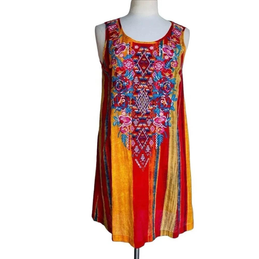 SAVANNA JANE Tunic Top Boho Embroidered Size S Red Stripe Multicolor Sleeveless